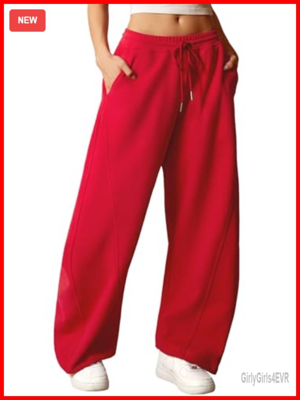 Cotton Blend Wide Leg Barrel Sweatpants Pockets Drawstring